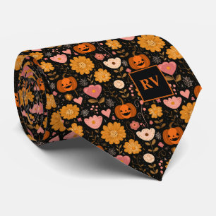 Cravate Citrouilles orange Halloween rétro Fleurs de cœur
