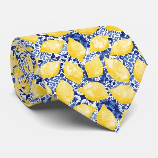 Cravate Citrus Citrus Méditerranée Bleu Blanc Carrelage Mo (Roulé)