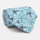 Cravate Clair bleu et or Starfish sur Ocean Wave Motif (Roulé)