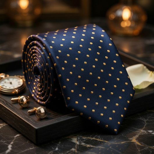 Cravate Classic Navy Blue Polka Dot Gold Elegant