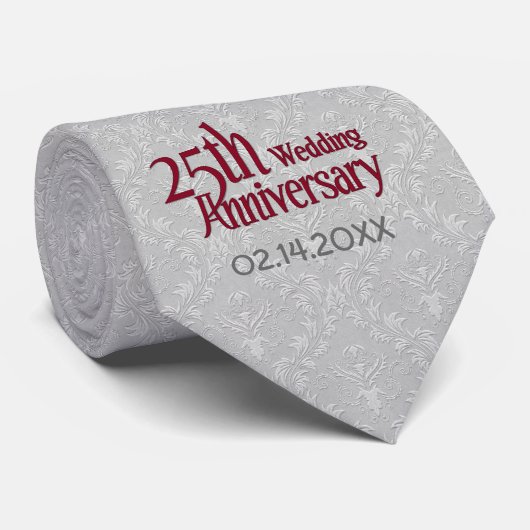 Cravate Classic Silver Damask 25e anniversaire Mariage (Roulé)