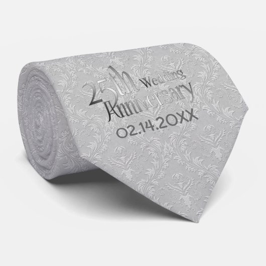 Cravate Classic Silver Damask 25e anniversaire Mariage (Roulé)