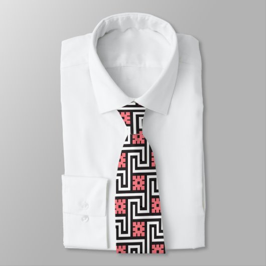 Cravate Clé de Deco, noir, blanc et rose grecs de corail (Attaché)