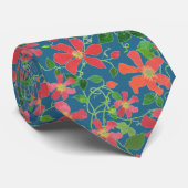 Cravate Clematis rose, rouge, orange floral sur bleu profo (Roulé)