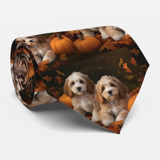 Cravate Cockapoo Puppy Citrouille d'automne (Roulé)