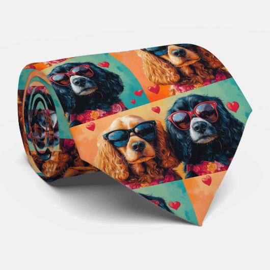 Cravate Cocker Spaniel avec coeur Roses Saint-Valentin (Roulé)