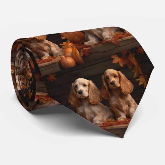 Cravate Cocker Spaniel Puppy Automne Citrouille de plaisir (Roulé)