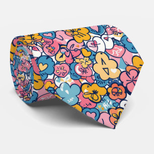 Cravate Cœurs de gribouillis rétro Fleurs motif bleu rose