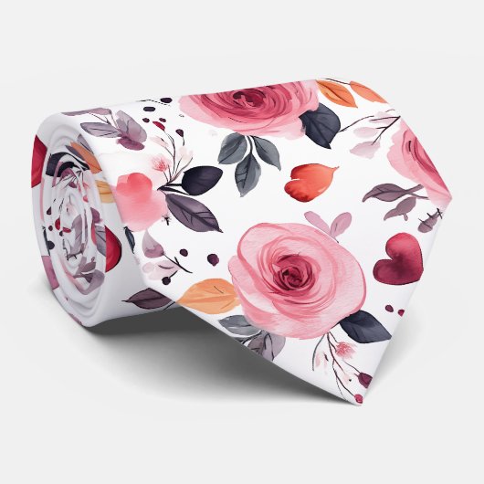 Cravate Coeurs Et Roses Roses (Roulé)