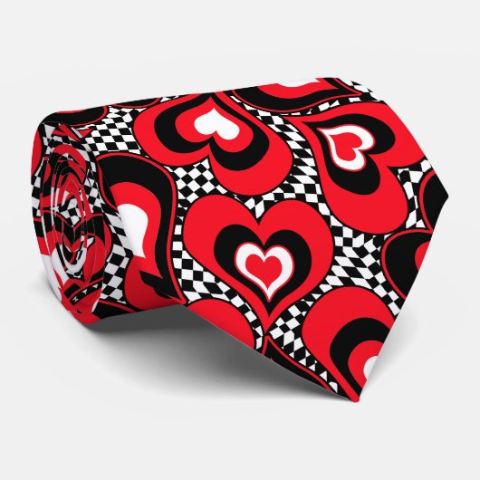 Cravate Coeurs, rouge, noir, blanc (Roulé)