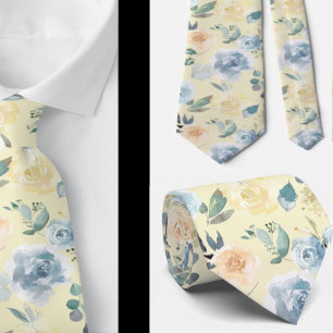 Cravate Col bleu poussiéreux et roses florales crème aquar