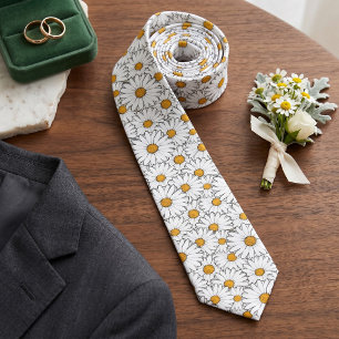 Cravate Col élégant avec fleurs de marguerite jaunes et bl