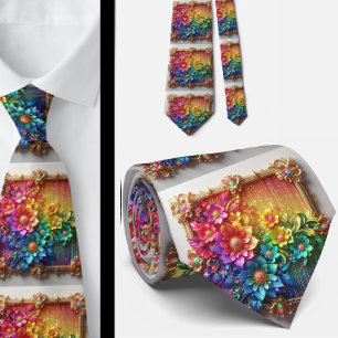 Cravate Col extravagant   Fleurs arc-en-ciel fausse brilla