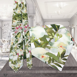 Cravate Col noeud tropical mariage orchidée blanche scinti