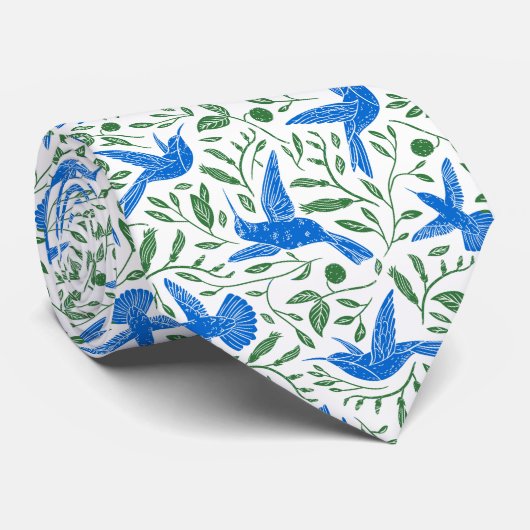 Cravate Colibri bleu avec fleurs vertes & feuille (Roulé)