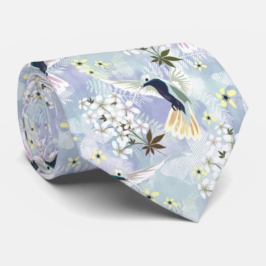 Cravate Colibri et fleurs blanches (Roulé)