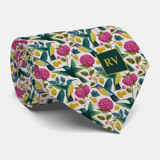 Cravate Colibris avec fleurs de framboise (Roulé)