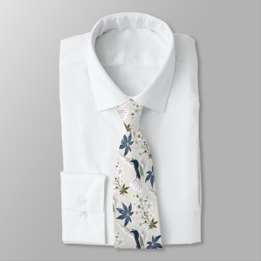 Cravate Colibris et fleurs blanches. (Attaché)