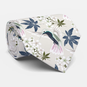 Cravate Colibris et fleurs blanches.