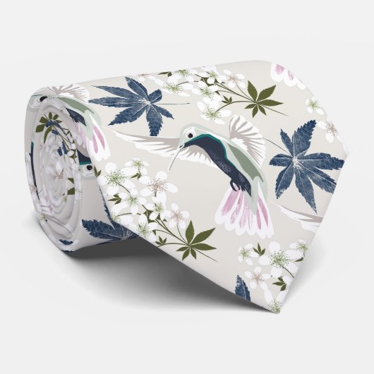 Cravate Colibris et fleurs blanches. (Roulé)