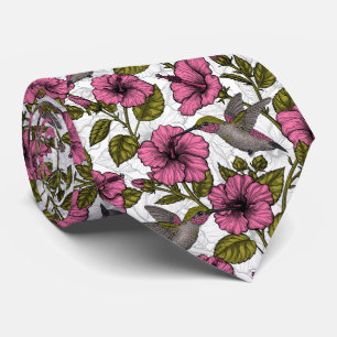 Cravate Colibris et fleurs d'hibiscus roses