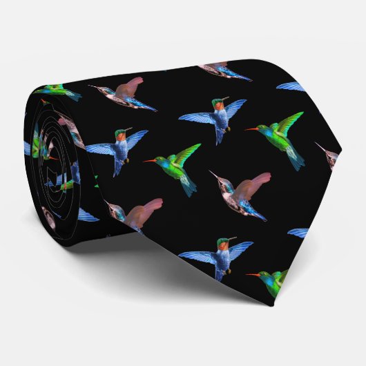 Cravate Colibris modernes sur fond noir (Roulé)