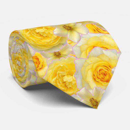 Cravate Collage de fleurs jaunes et blanches surdimensionn (Roulé)