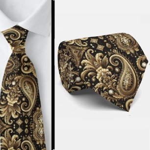 Cravate Collier Luxe Noir Blanc Or Paisley Diamant