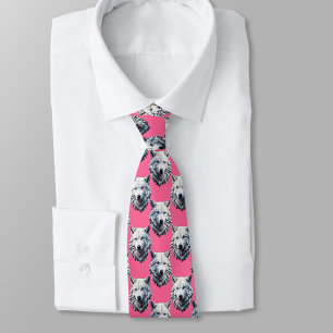 Cravate Conception de motif de tête de loup blanc rose