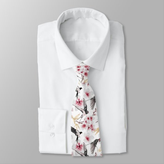 Cravate cool japonais oiseaux fleurs carrelé motif (Attaché)