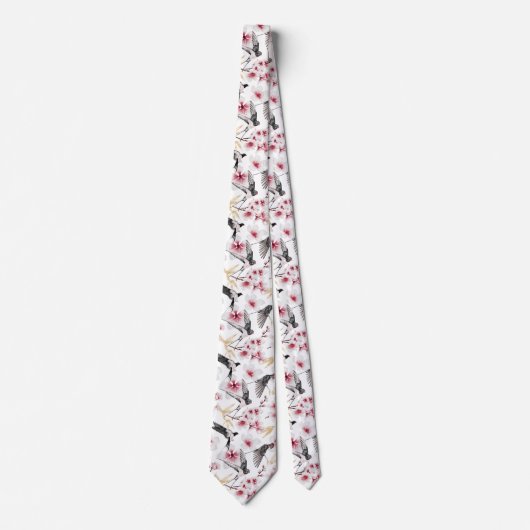 Cravate cool japonais oiseaux fleurs carrelé motif (Devant)