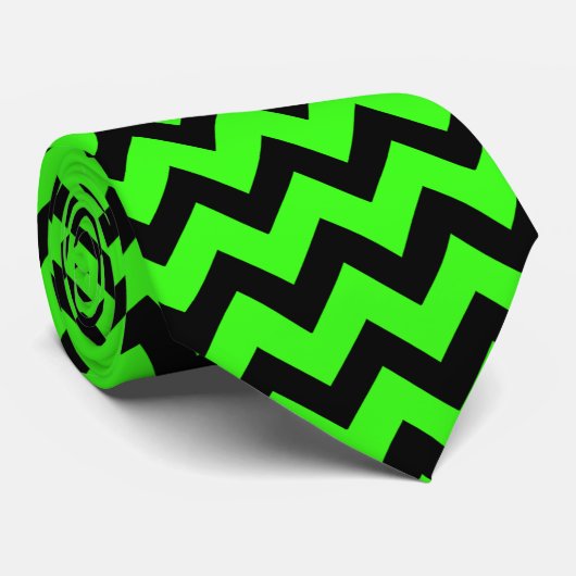 Cravate Cool noir et vert néon clair motif Chevron (Roulé)