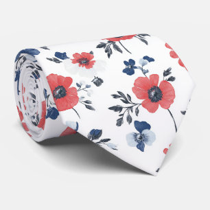Cravate Coquelicot de corail bleu marine floral botanique