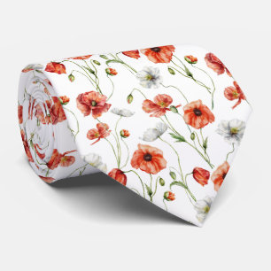 Cravate Coquelicots et fleurs sauvages blanches de prairie