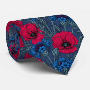 Cravate Coquelicots rouges et fleurs bleues sur bleu