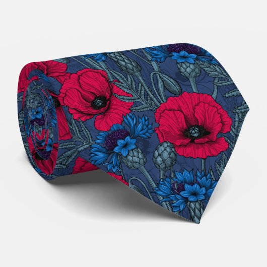 Cravate Coquelicots rouges et fleurs bleues sur bleu (Roulé)