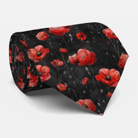 Cravate Coquelicots rouges sur fond noir (Roulé)