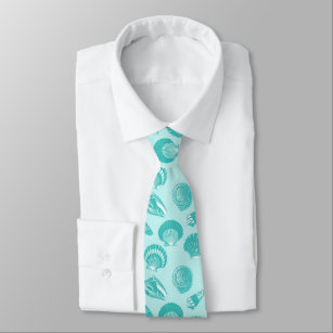 Cravate Coquillages - aqua mol et blanc