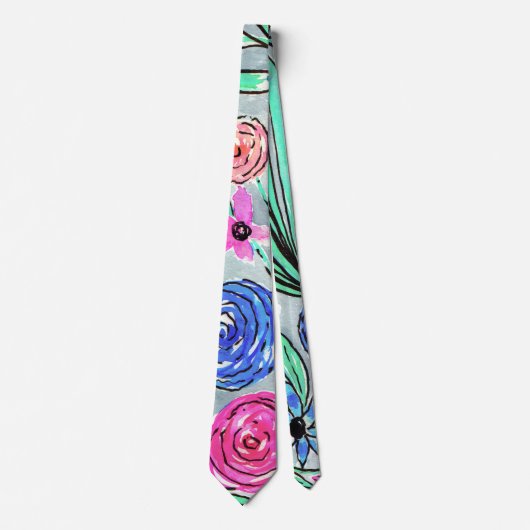 Cravate Corail rose bleu vert Aquarelle Art (Devant)