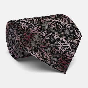 Cravate Corbata elegante negro con coral y hojas rosas