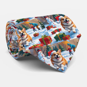 Cravate Corgi courant dans la neige avec un chapeau de Noë