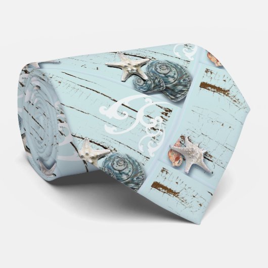 Cravate Côté aqua bleu plage bois étoile coquillage (Roulé)