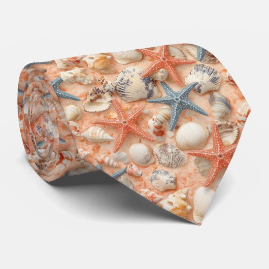 Cravate Côtière rustique - Coquillages, Poissons étoilés,  (Roulé)