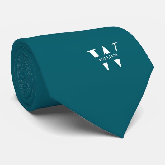 Cravate Couleur Bleu Paon Élégant Monogramme + Nom (Roulé)
