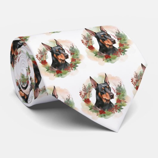 Cravate Coupe festive Doberman Christmas Wreath (Roulé)