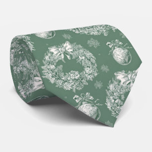 Cravate Couronne de Noël vert sauge toile ivoire flocons d