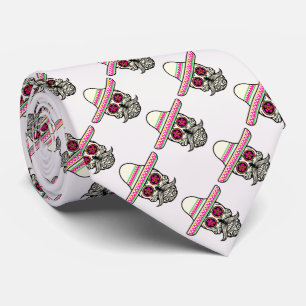 Cravate Crâne avec Moustache et Sombrero rose