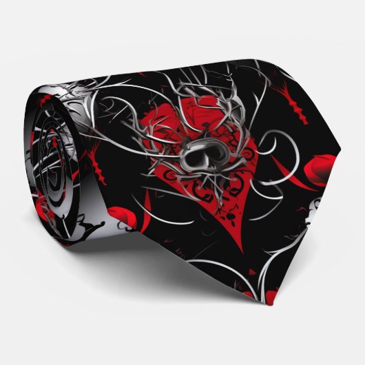 Cravate Crâne gothique Art en ligne rouge noir et gris (Roulé)