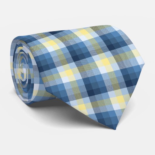 Cravate Crazy Check Plaid Bleu et Jaune à deux côtés (Roulé)