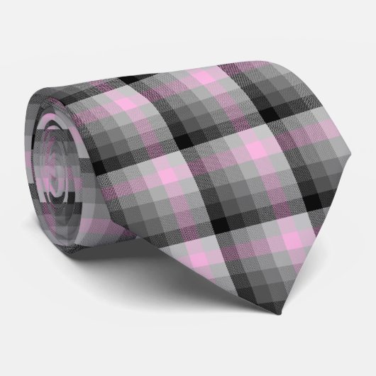 Cravate Crazy Check Plaid rose et noir à deux côtés (Roulé)